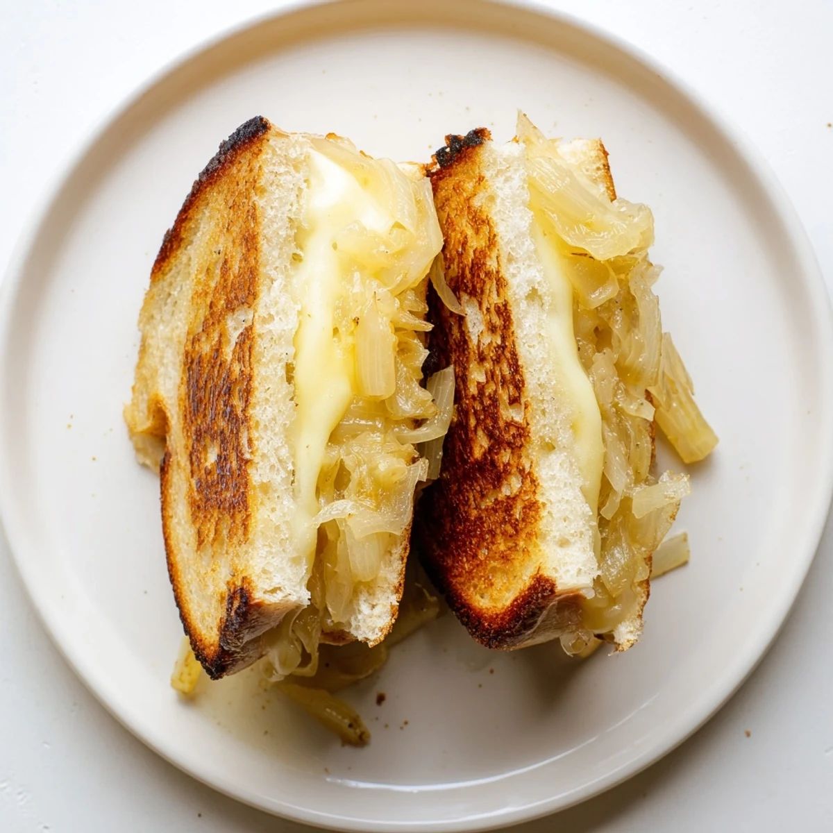 Golden, melted Gruyère oozing from a Caramelized Onion and Gruyère Grilled Cheese sandwich.