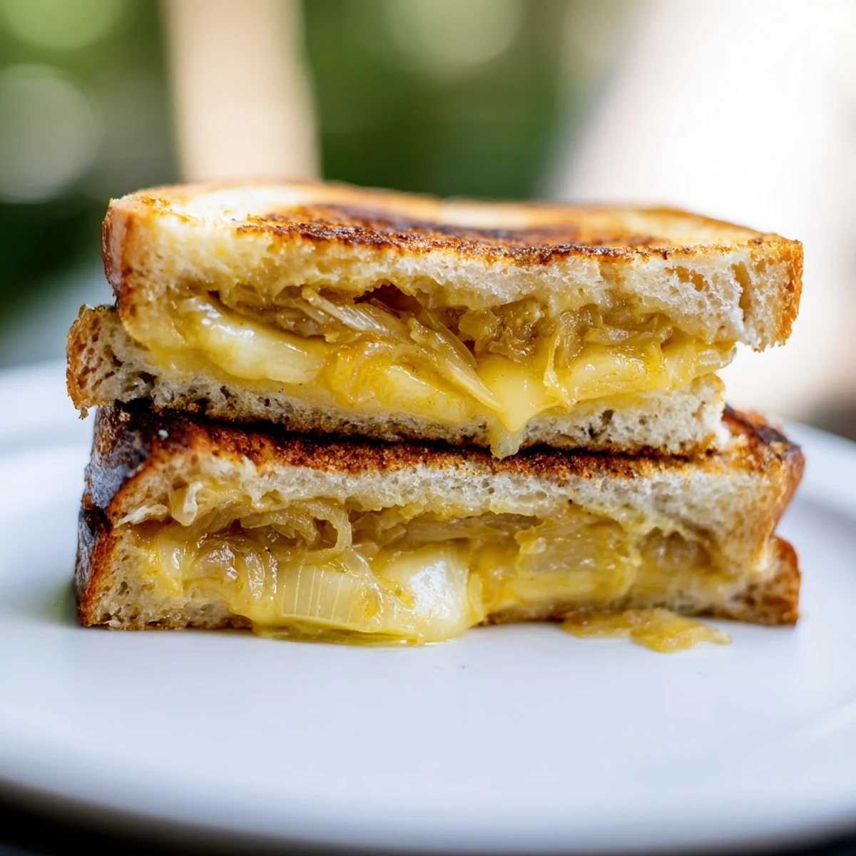 Buttery, toasted sourdough showcasing gooey Gruyère with sweet Caramelized Onion Grilled Cheese.