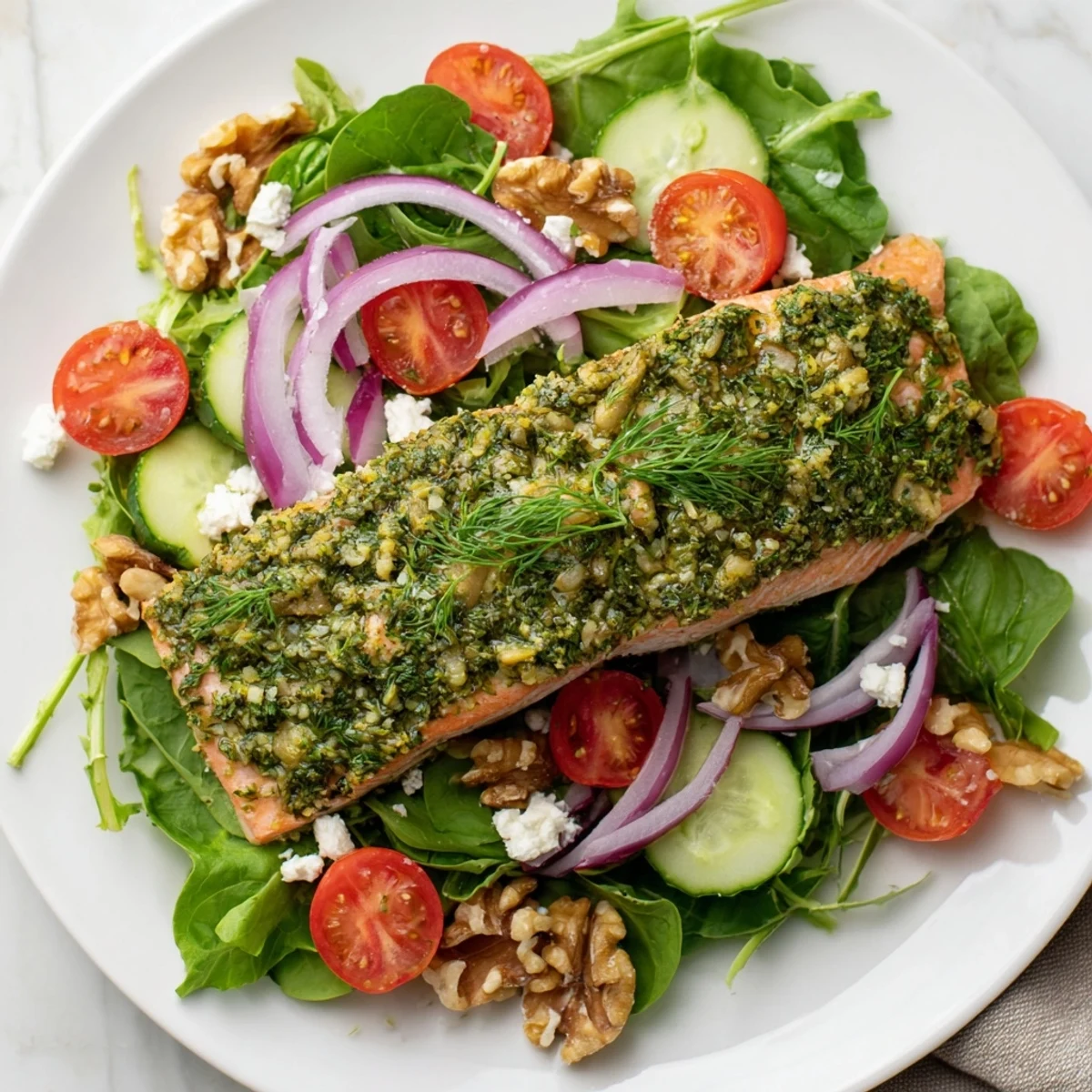 Freshly baked Herb-Crusted Salmon Salad, savory salmon atop a light, flavorful salad with vinaigrette.