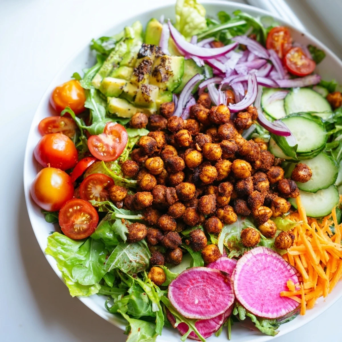 Fresh Mixed Greens Salad with Crispy Chickpea Croutons, a colorful and crunchy vegan delight.