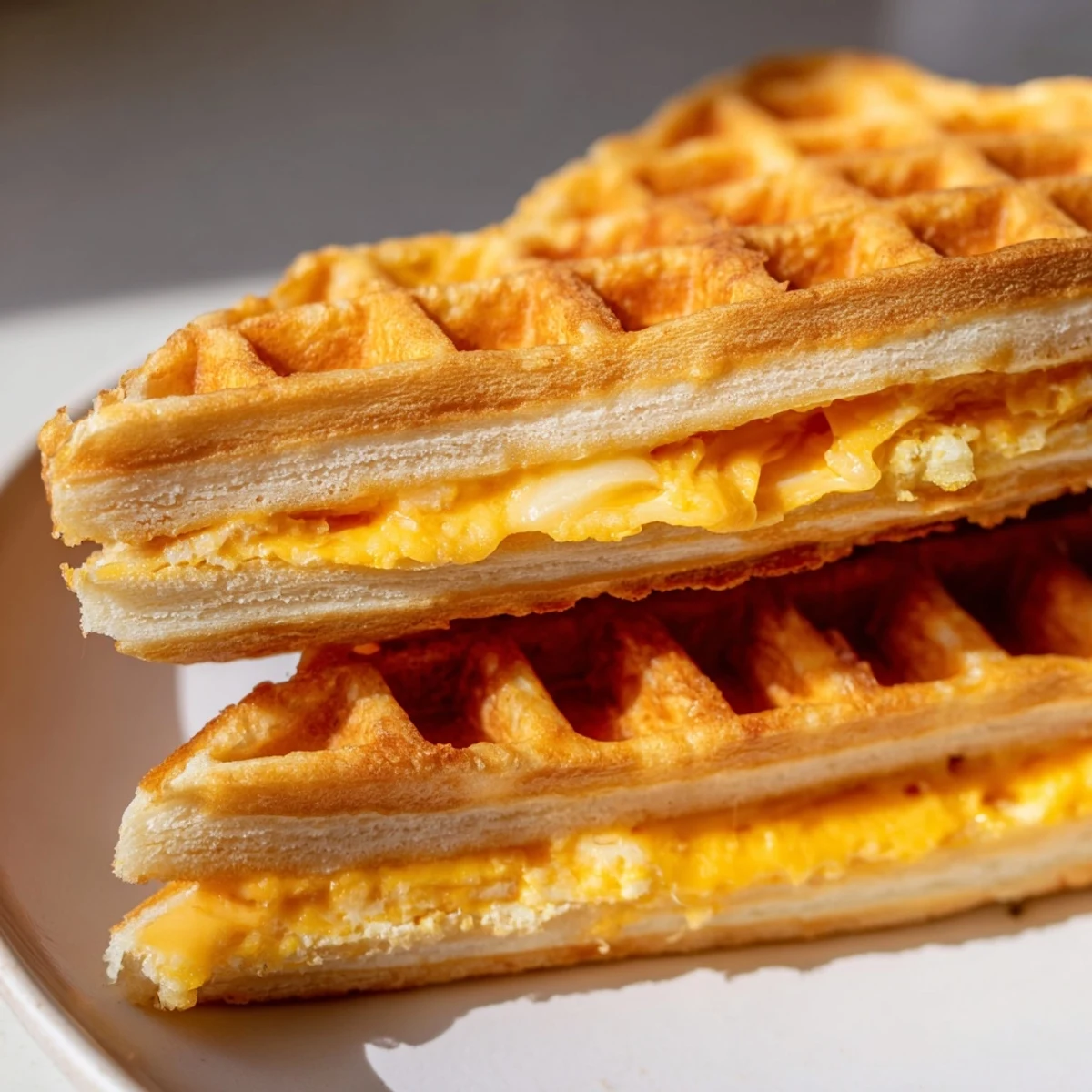 Golden, crispy waffle grilled cheese, oozing melted cheddar, perfect for a quick lunch.