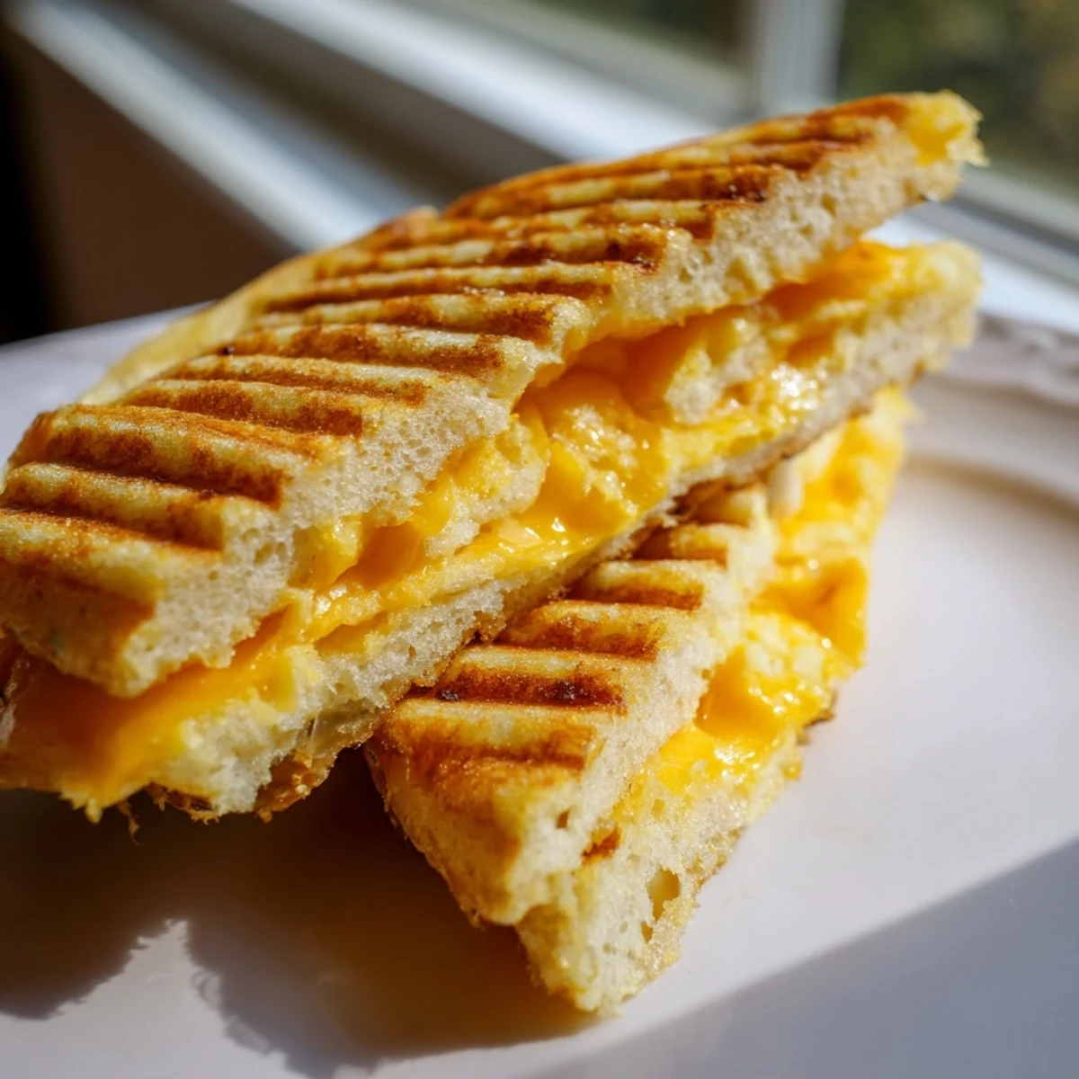 A warm, textured close-up of a waffle grilled cheese with a satisfyingly crunchy exterior.