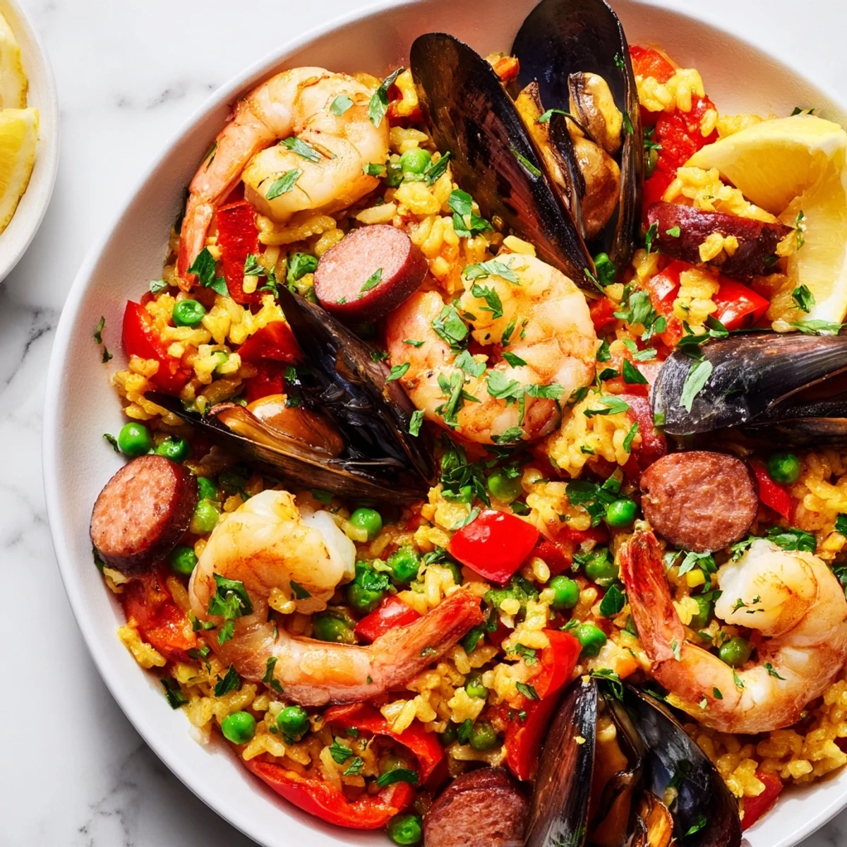 Fragrant saffron-infused paella Spanish rice, a stunning paella dish with fresh parsley garnishing.