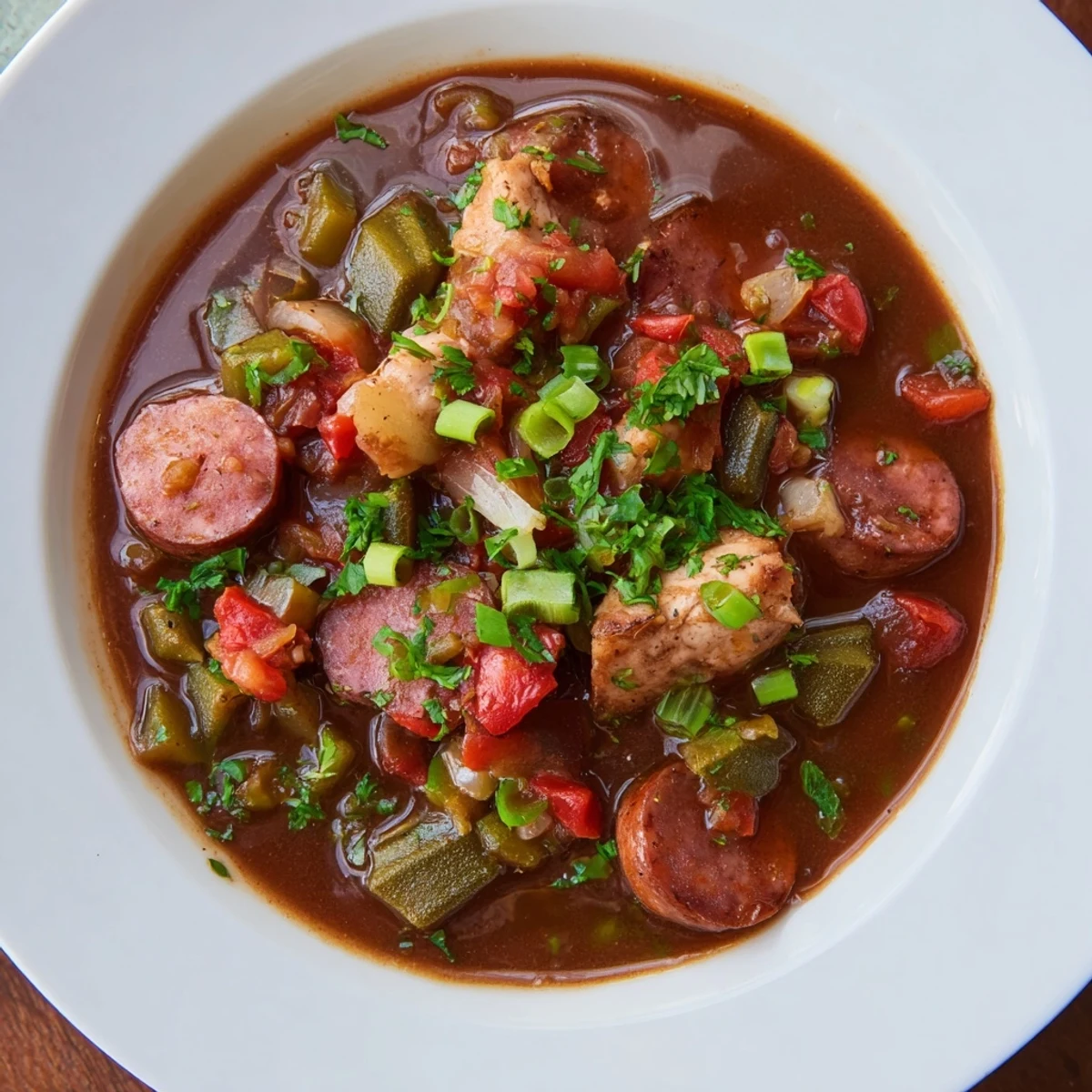 Close-up of a bubbling pot of flavorful gumbo okra soup, showcasing tender chicken and vegetables.