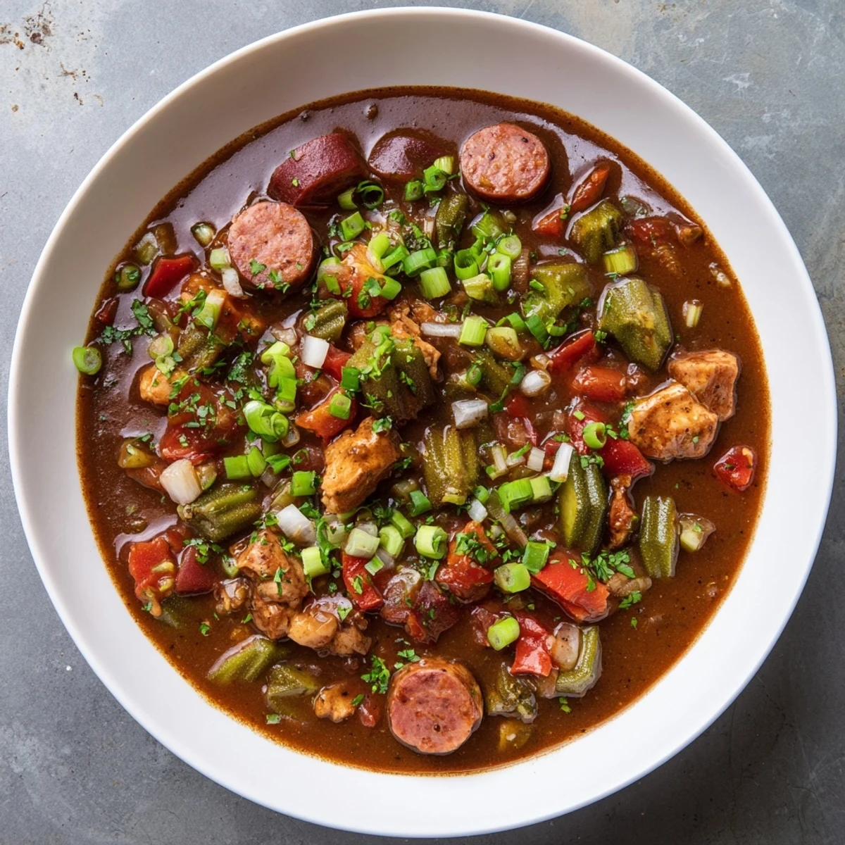 Steaming, savory gumbo okra soup ladled over fluffy rice, a comforting Cajun meal ready to enjoy!