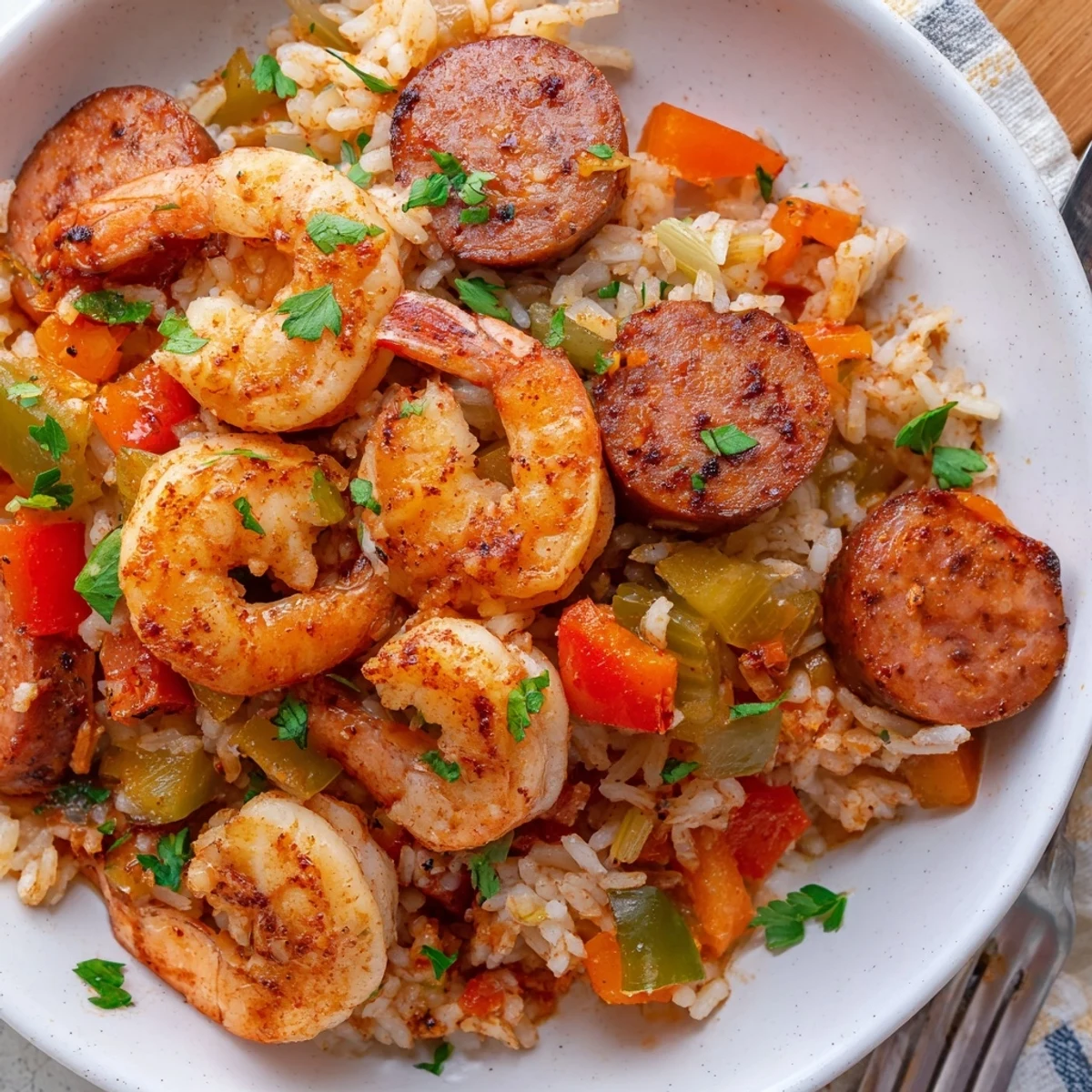 Steaming hot Jambalaya Skillet with shrimp, sausage, and bright vegetables, ready to serve.
