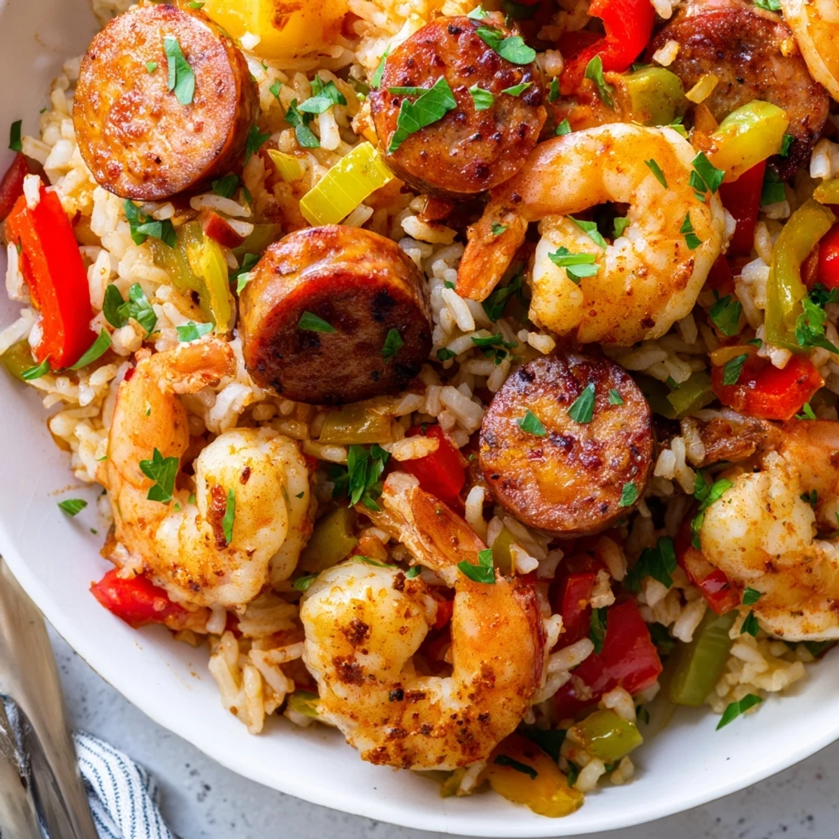 A close-up of a flavorful Jambalaya Skillet showing plump shrimp and savory sausage.