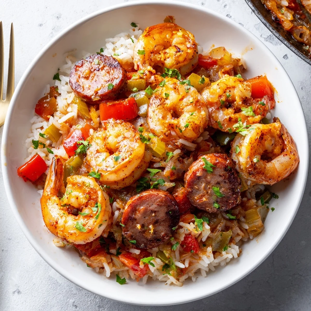 This hearty and delicious Jambalaya Skillet boasts rice cooked in a zesty Creole sauce.