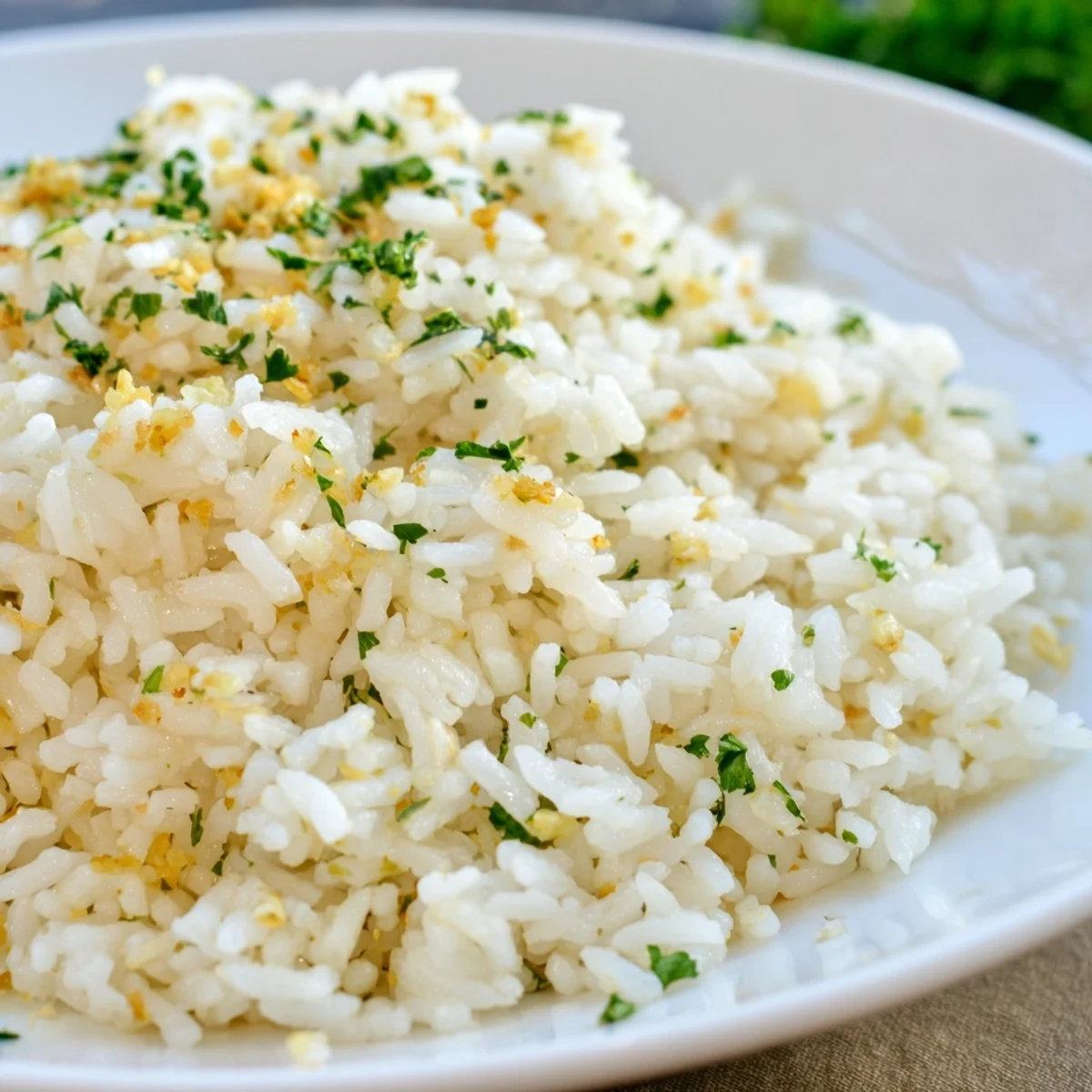 Tender, savory Garlic Butter Rice, bathed in broth and speckled with garlic pieces, ready to be enjoyed.