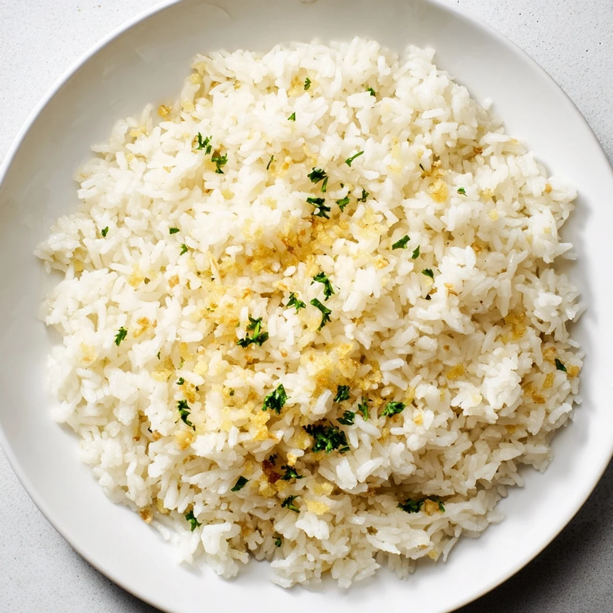 Steaming bowl of Garlic Butter Rice: fluffy grains glistening, a delectable side dish ready to serve.