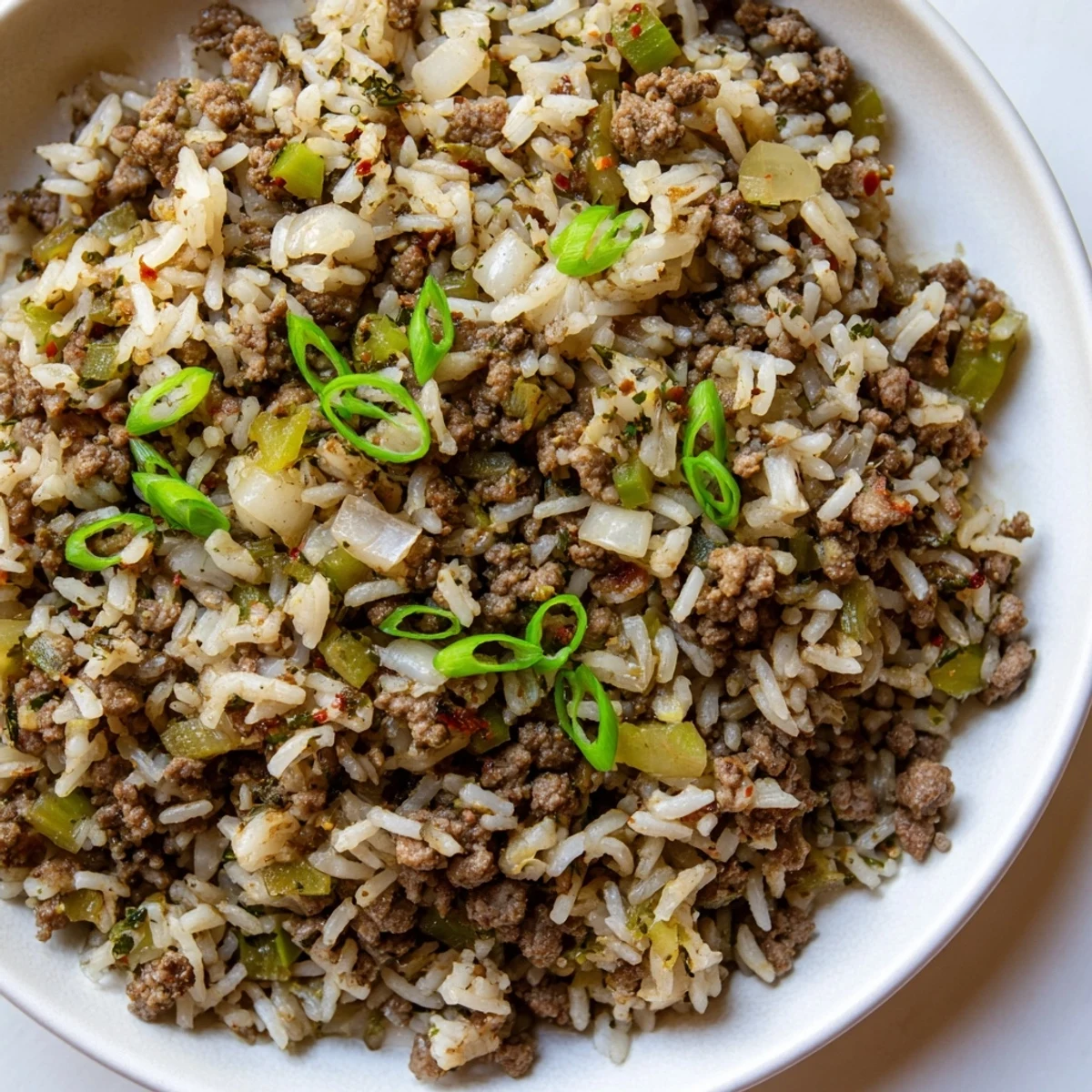A steaming bowl of Cajun Dirty Rice, a flavorful Southern dish with ground meat and spices.