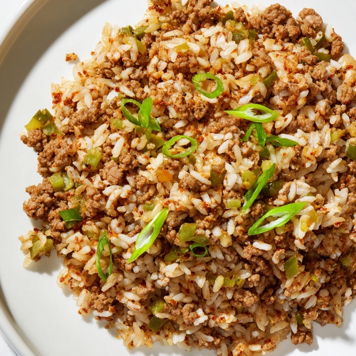 Close-up of Cajun Dirty Rice, perfectly cooked, with visible vegetables and a hearty aroma.