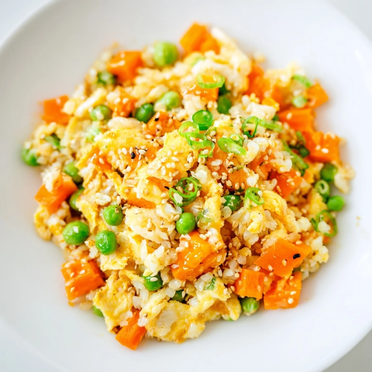 Savory egg fried rice stir-fry with a drizzle of sesame oil, perfect for a quick, flavorful dinner.