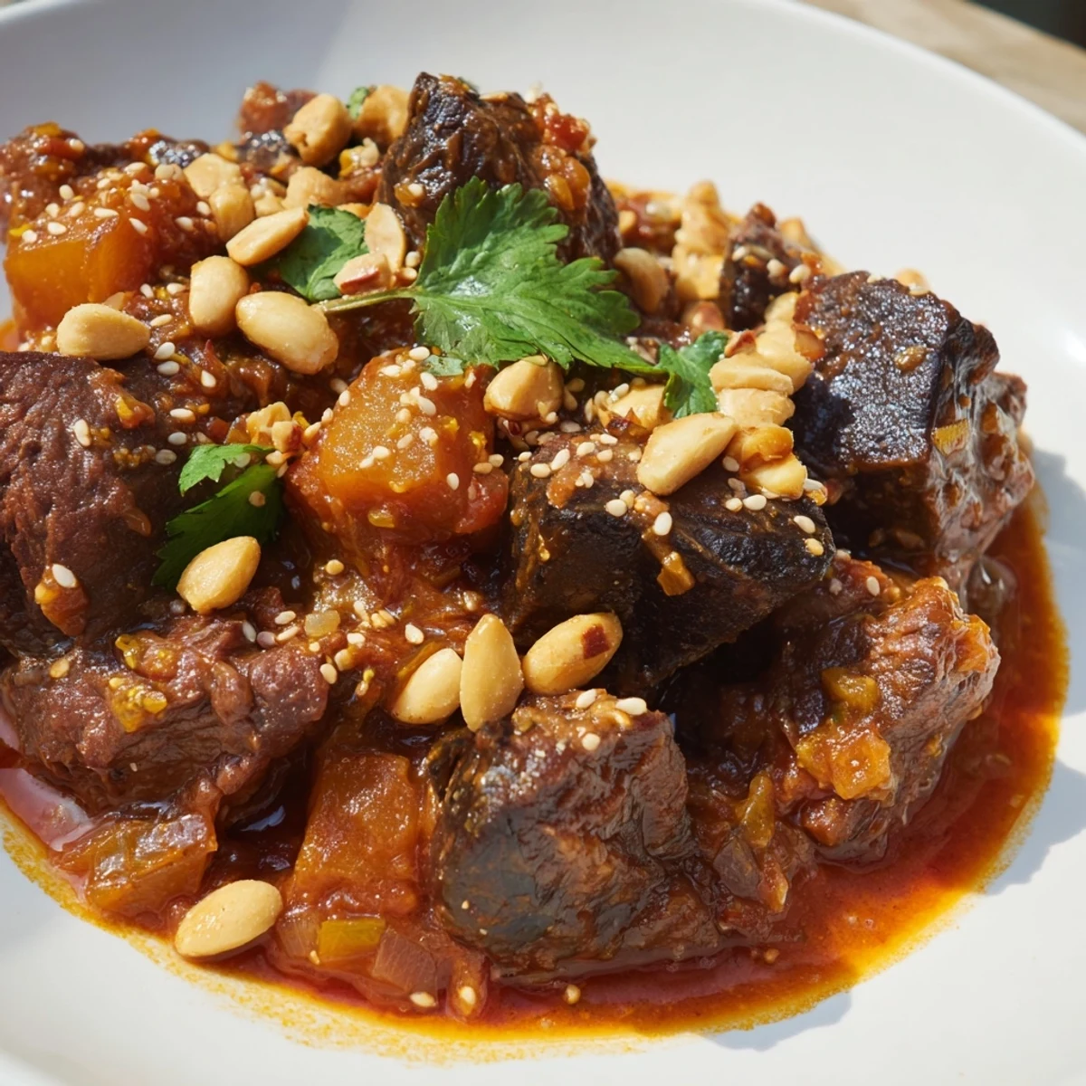 A steaming bowl of Moroccan Lamb Tagine, rich with prunes and toasted almond garnish.