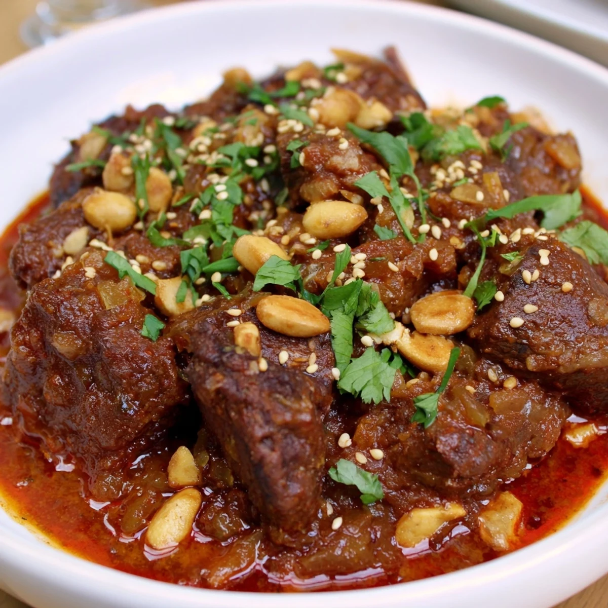 Deep maroon hues of a savory Moroccan Lamb Tagine, studded with prunes and crunchy almonds.
