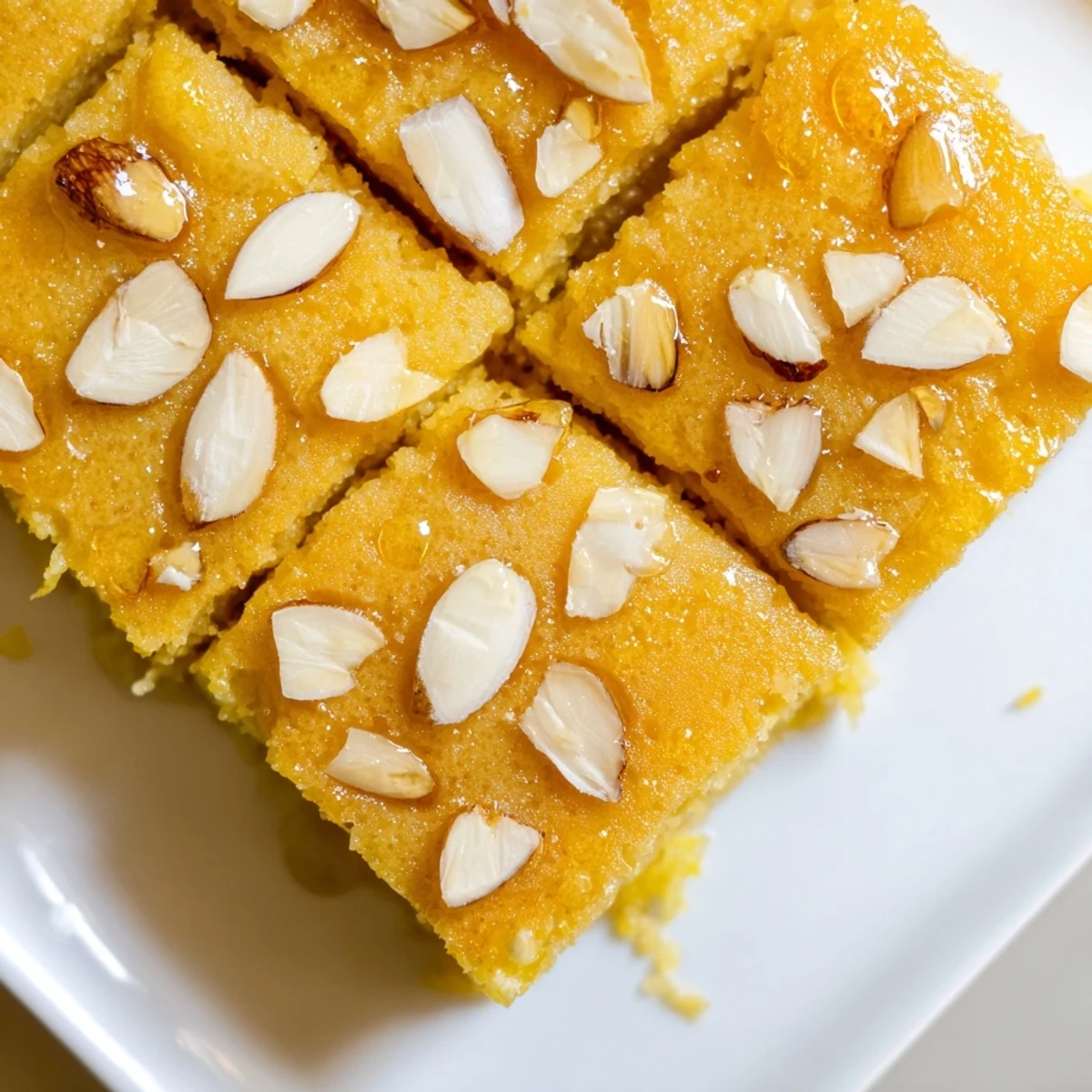 Golden-brown squares of Egyptian Basbousa coconut cake, soaked in syrup and topped with almonds.