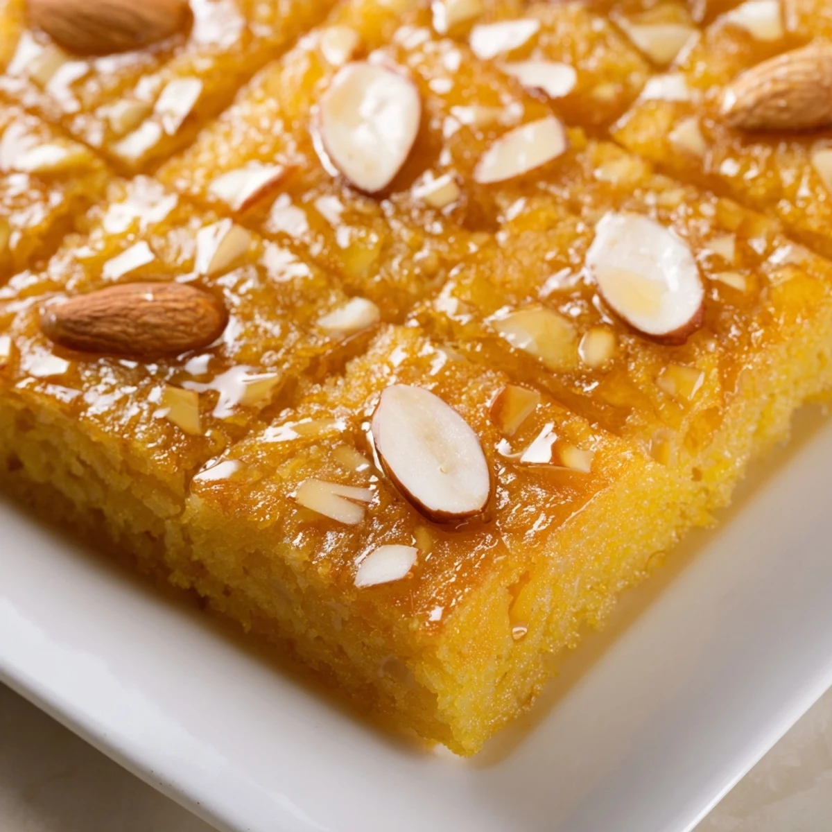 A close-up of moist, sweet Basbousa, the Egyptian coconut dessert, inviting a delicious bite.