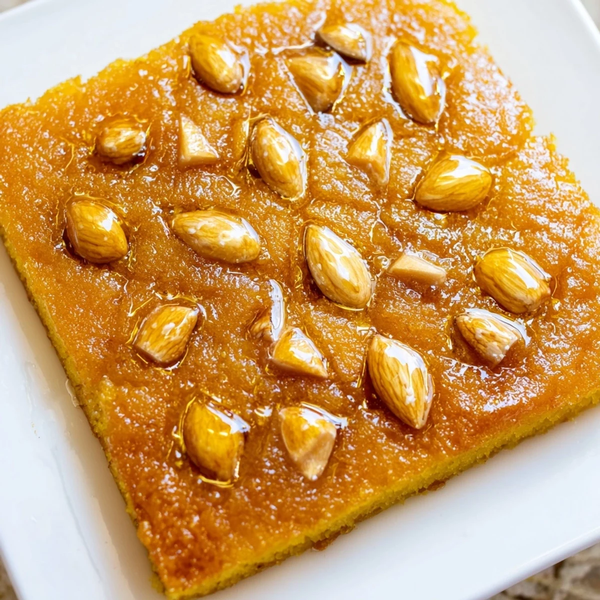 Serving suggestion: Slice of warm Basbousa, Egyptian semolina cake, perfect with a cup of tea.