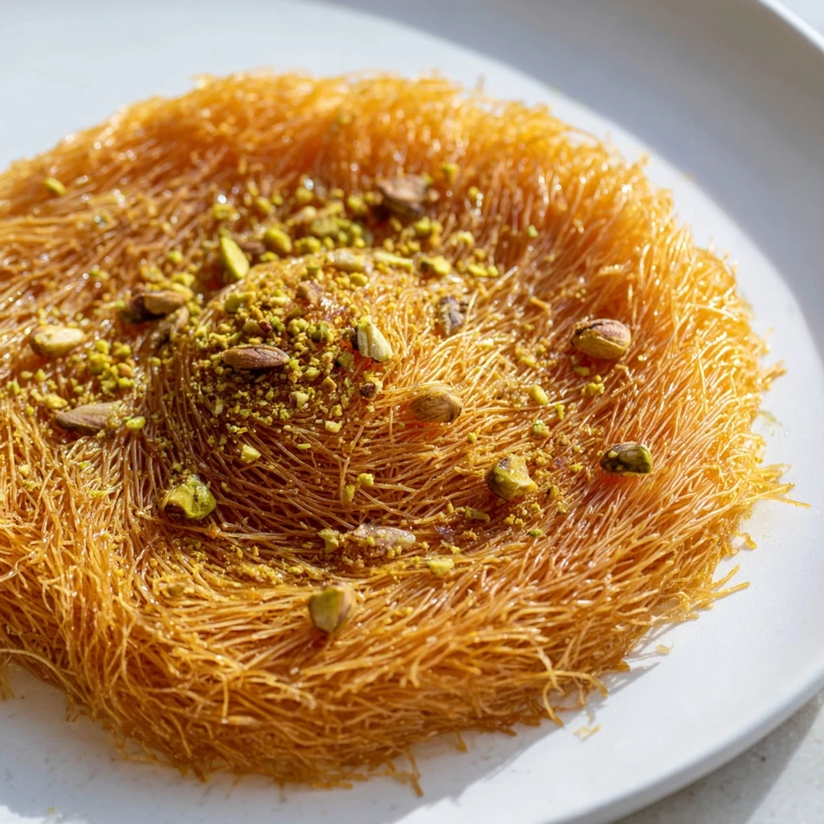 Golden, crispy Egyptian Konafa dessert with a glistening honey syrup, ready for slicing and serving.