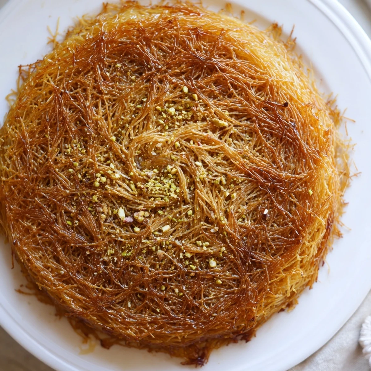 Warm, sweet Egyptian Konafa offering a symphony of textures, perfect with crunchy nuts drizzled in syrup.