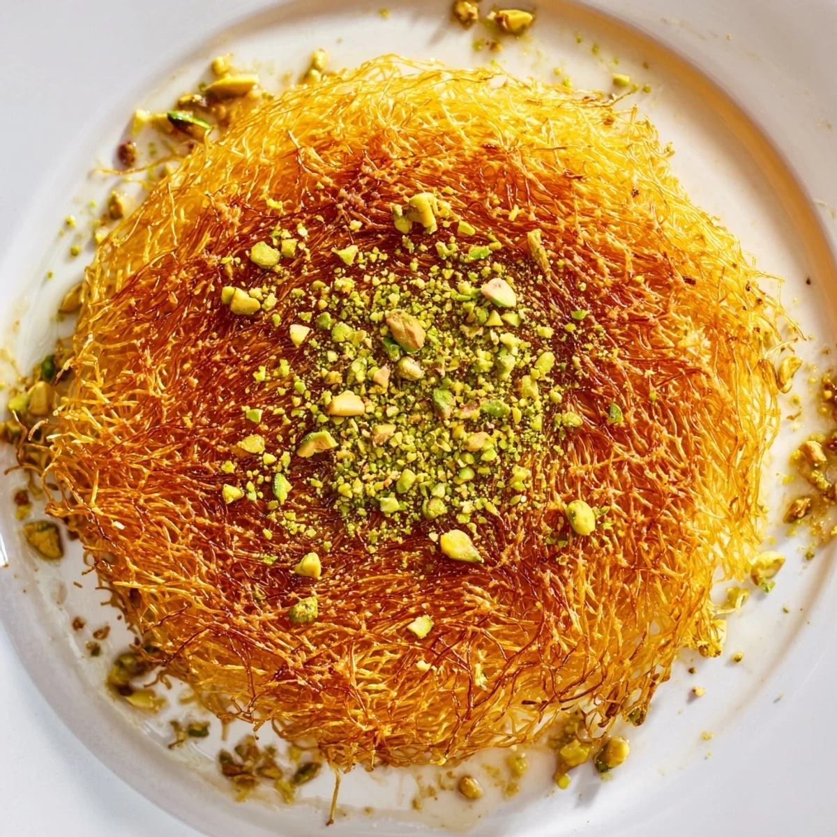 Golden-brown Lebanese Knafeh, with a stretchy cheese center and a drizzle of honey syrup.