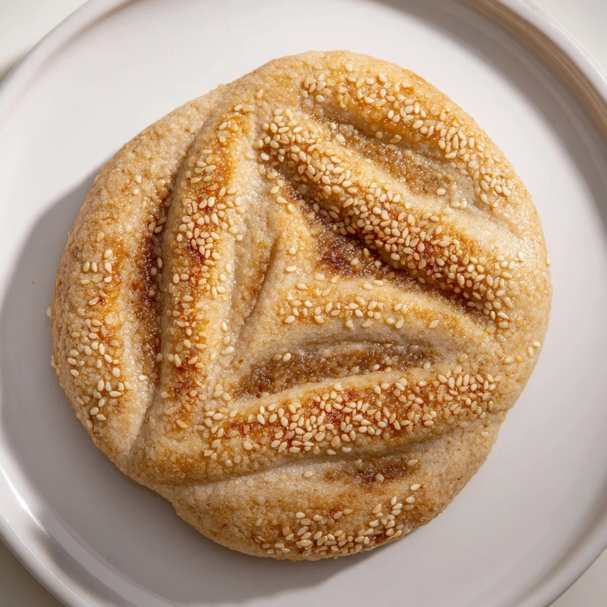 Golden, sesame-crusted Palestinian Kahk cookies, filled with sweet date paste, cooling fresh from the oven.