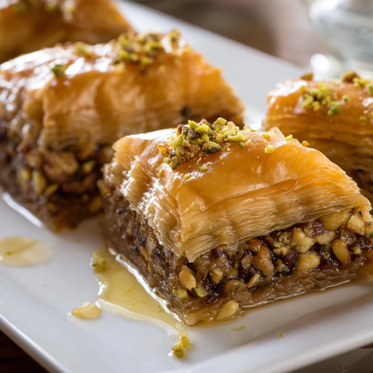 Golden, crisp Turkish Baklava, layered with nuts and drizzled with glistening, sweet honey syrup.