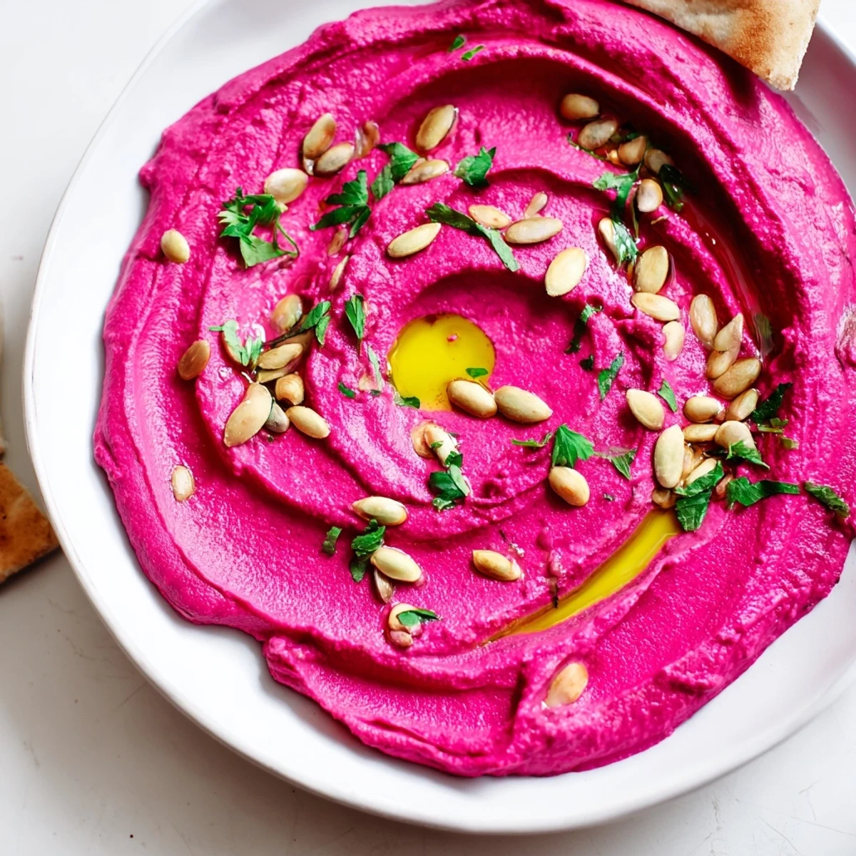 Creamy, pink Beet Hummus in a bowl, topped with olive oil, toasted pumpkin seeds, and fresh parsley served with pita.
