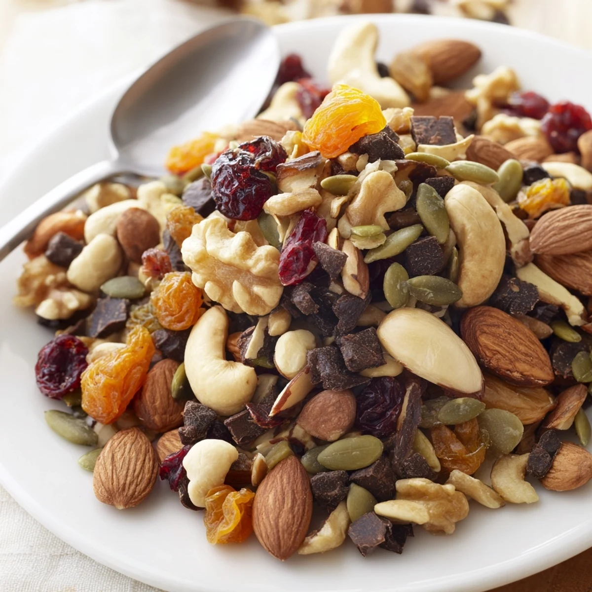 A close-up of homemade Trail Mix Custom with almonds, cashews, dried cranberries, and dark chocolate chips in a rustic bowl.  