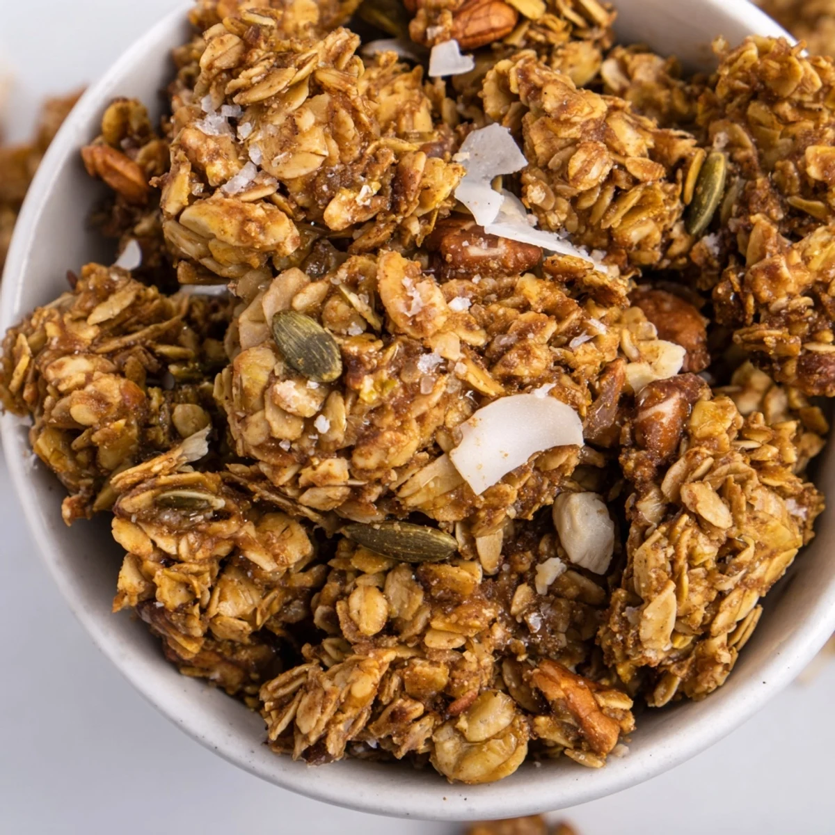 Enjoy these Granola Clusters, featuring toasted oats, pecans, walnuts, and coconut, packed in a jar for yogurt toppings.