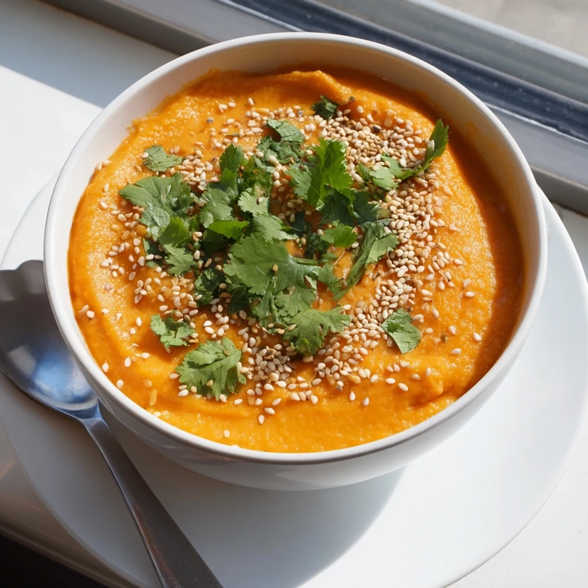 A bowl of vibrant Carrot Ginger Dip garnished with fresh cilantro and sesame seeds, served alongside colorful crudités.