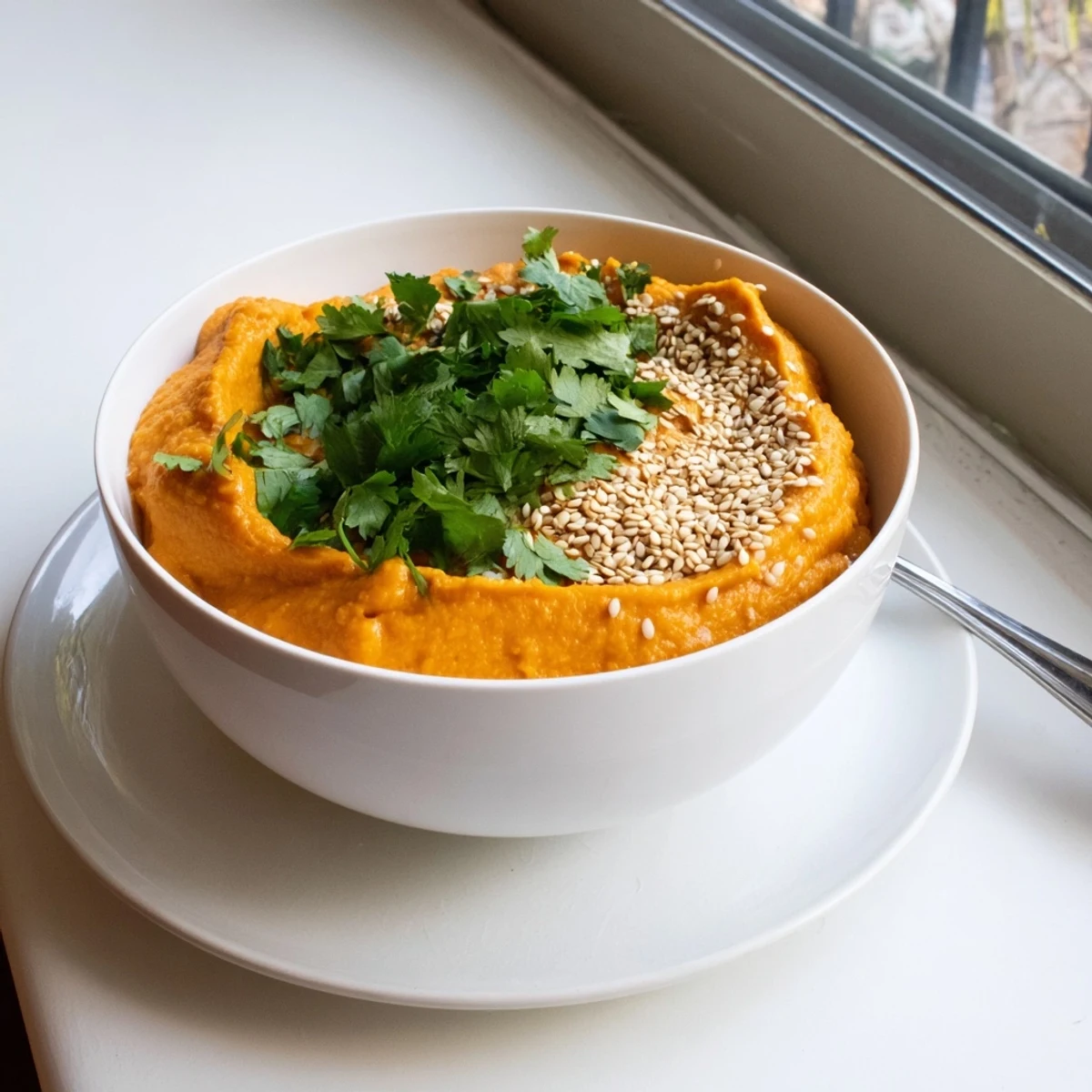 This creamy Carrot Ginger Dip features roasted carrots and fresh ginger, perfect for dipping pita chips or fresh vegetables.