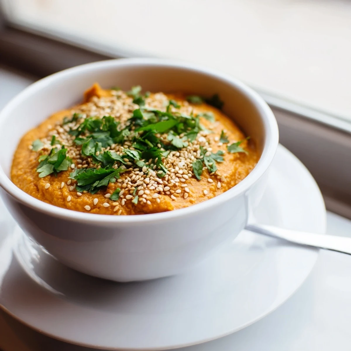 Freshly blended Carrot Ginger Dip in a rustic bowl, drizzled with olive oil and ready to serve as a healthy appetizer.