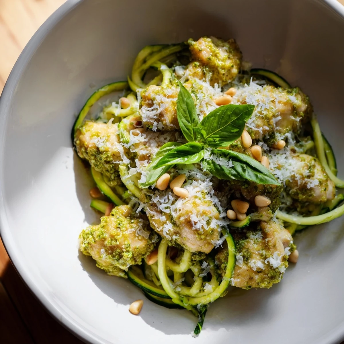 Golden-brown chicken pieces and vibrant green zucchini noodles tossed in creamy basil pesto, garnished with Parmesan and pine nuts in a white bowl.  