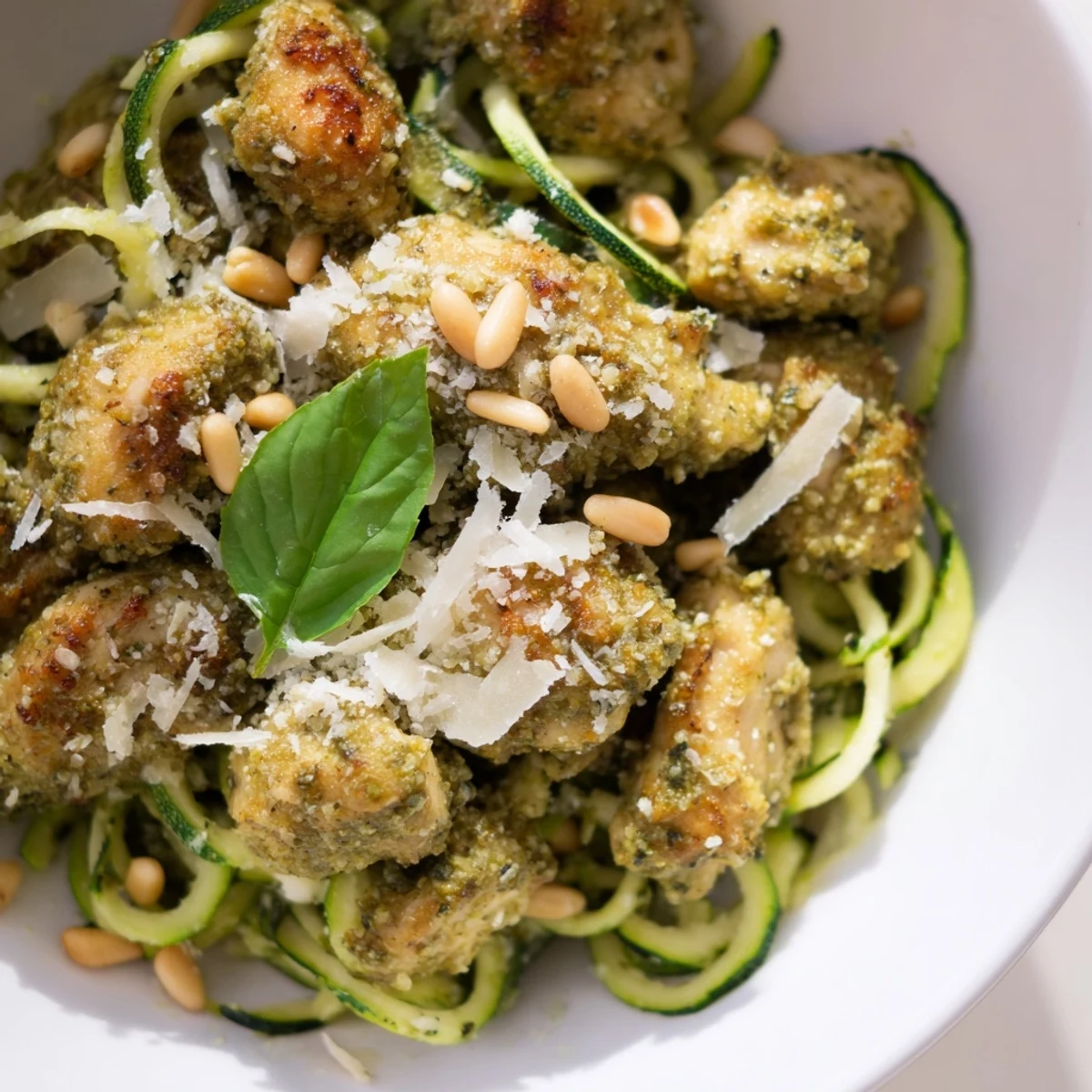 A vibrant Mediterranean-inspired Pesto Zucchini Chicken Bowl with juicy chicken, fresh zucchini noodles, and a drizzle of lemony basil pesto.