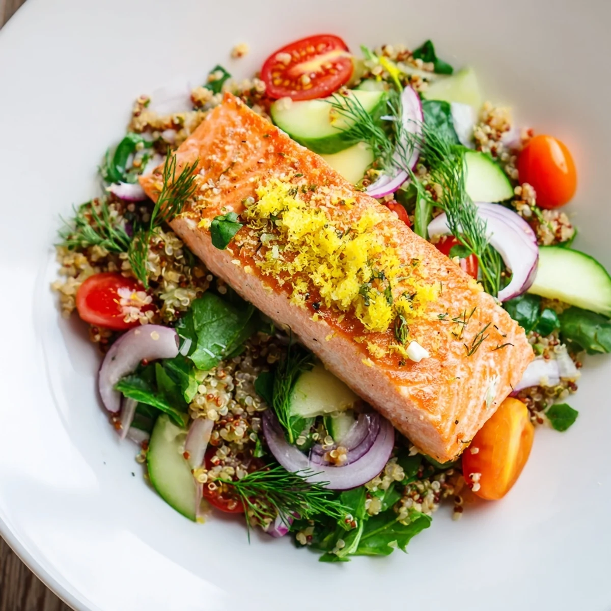 Golden-baked Lemon Herb Salmon Salad with flaky fillets atop fluffy quinoa, crisp greens, and cherry tomatoes in a zesty lemon vinaigrette.  