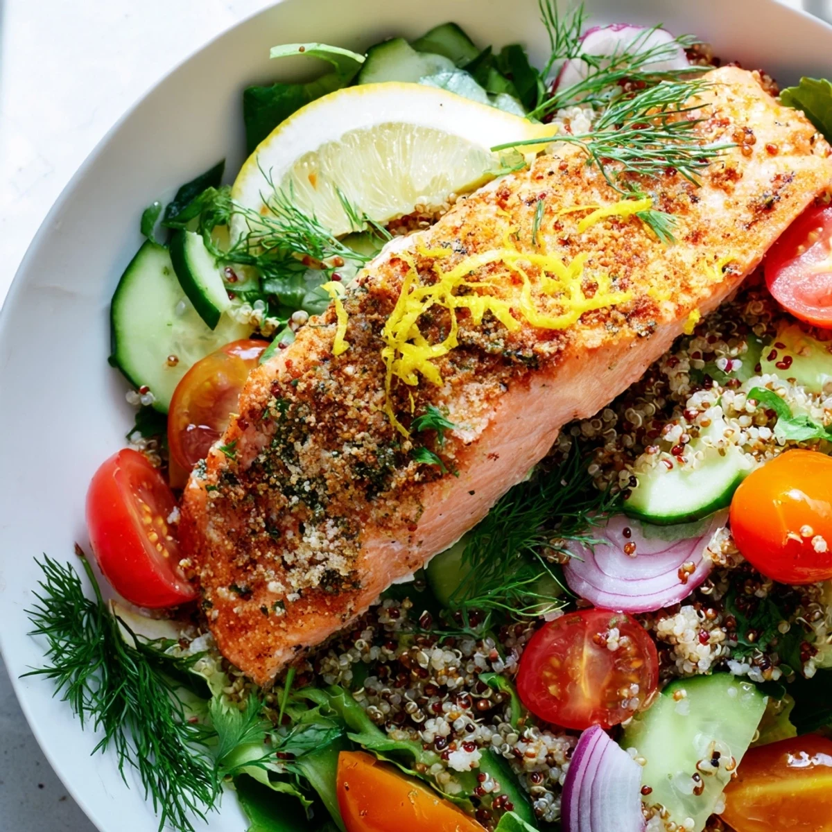 Close-up of Lemon Herb Salmon Salad showing warm salmon over quinoa and greens, garnished with dill and a drizzle of tangy vinaigrette.