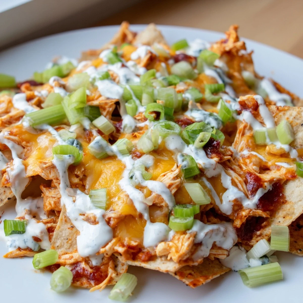 Crispy tortilla chips piled high with spicy Buffalo chicken nachos, melted cheese, and cool ranch drizzle for game day.  
