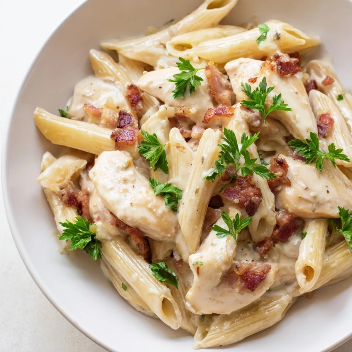 Creamy Chicken Bacon Penne pasta twirled on a fork in a skillet, garnished with fresh parsley and extra Parmesan cheese.