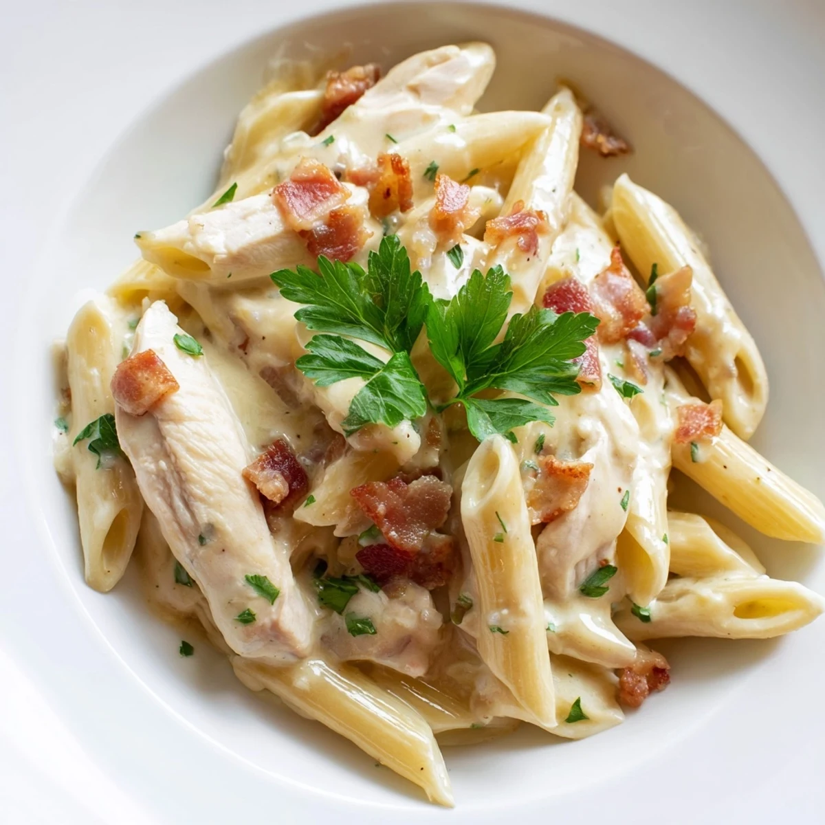 Creamy Chicken Bacon Penne plated on a rustic wooden table, featuring crispy bacon bits and tender chicken pieces.