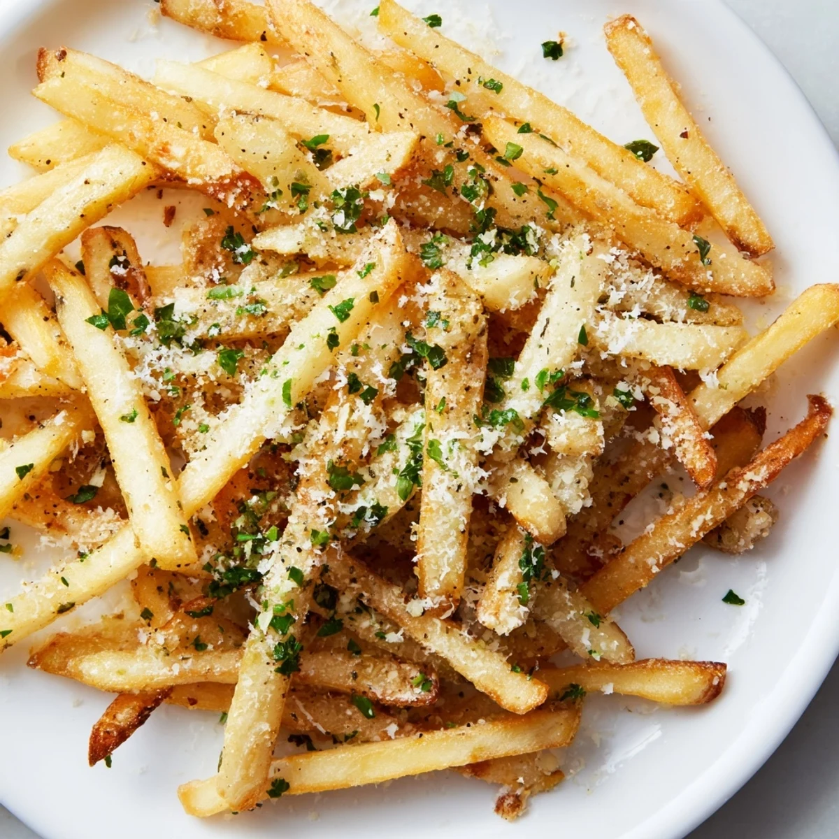 Golden crispy Truffle Parmesan Fries piled high, garnished with fresh parsley and a drizzle of truffle oil.