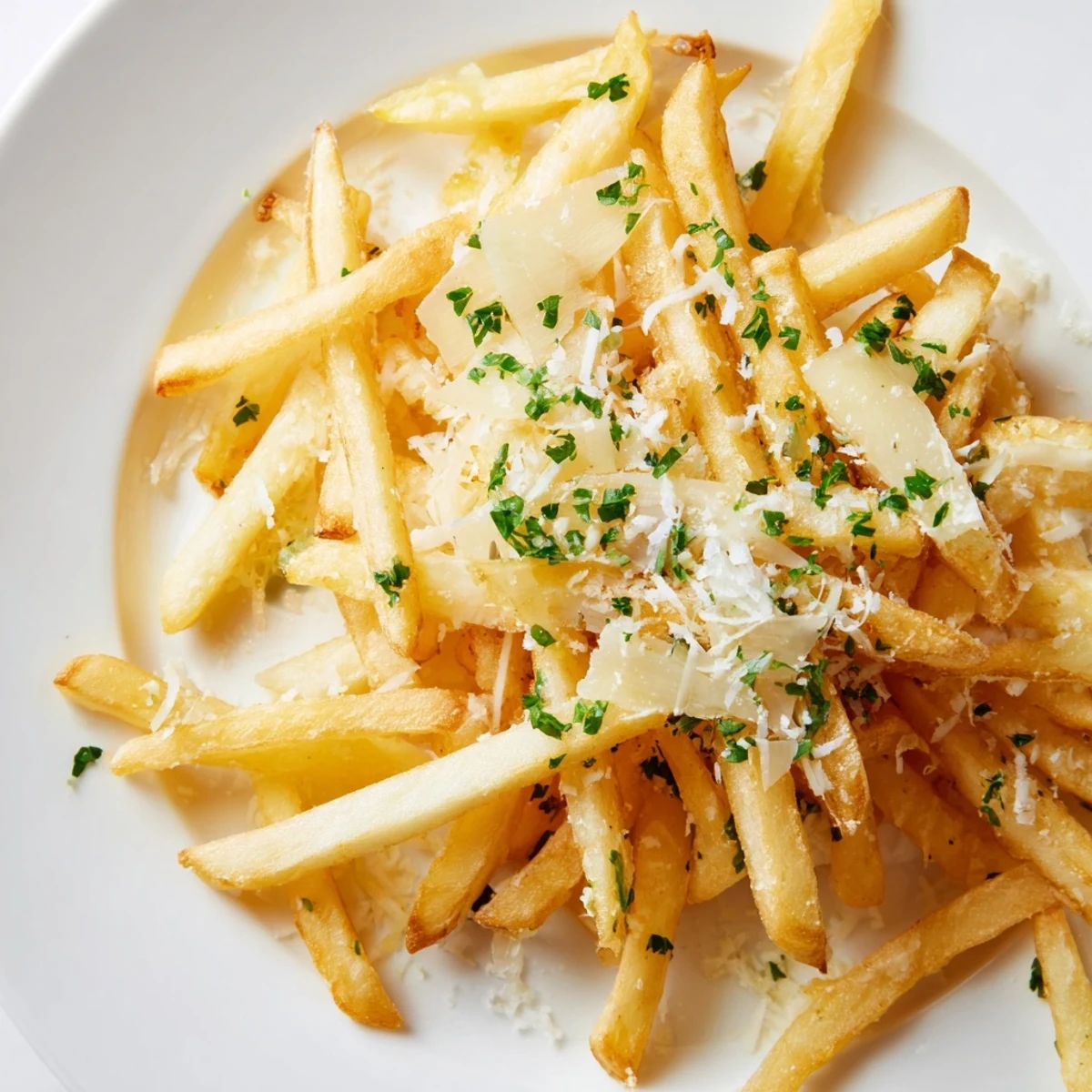 Freshly baked Truffle Parmesan Fries served warm, with melted cheese and aromatic truffle aroma on a plate.