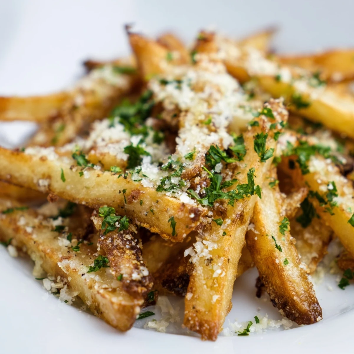 Crispy homemade oven fries tossed with truffle oil and grated Parmesan, perfect for dipping in garlic aioli.