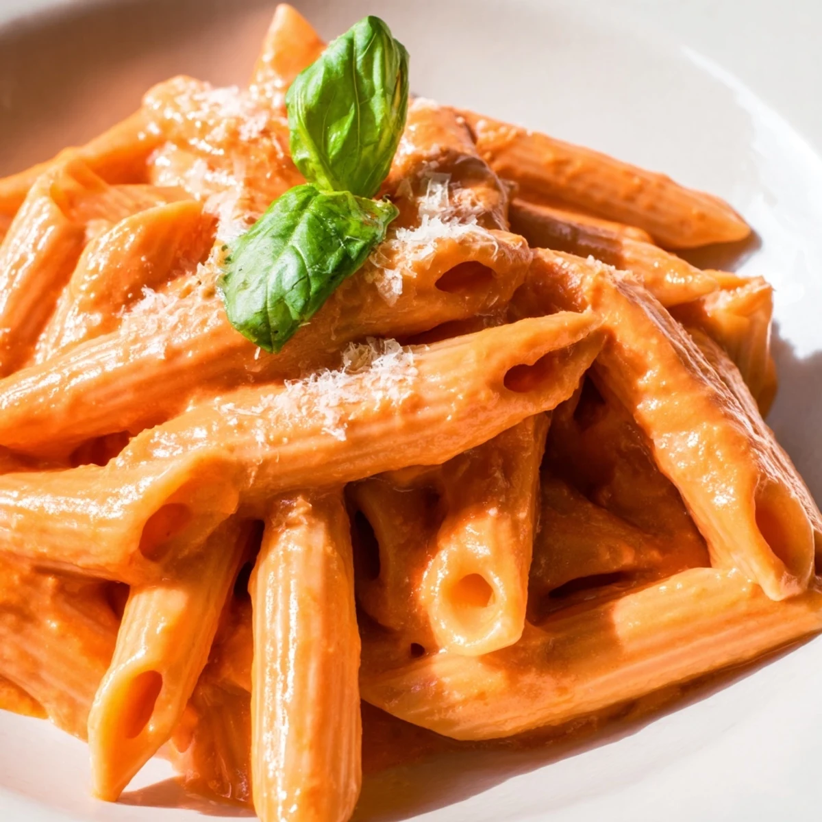 Close-up of a plated serving of Roasted Red Pepper Pasta with torn basil, offering a restaurant-quality vegetarian dinner.