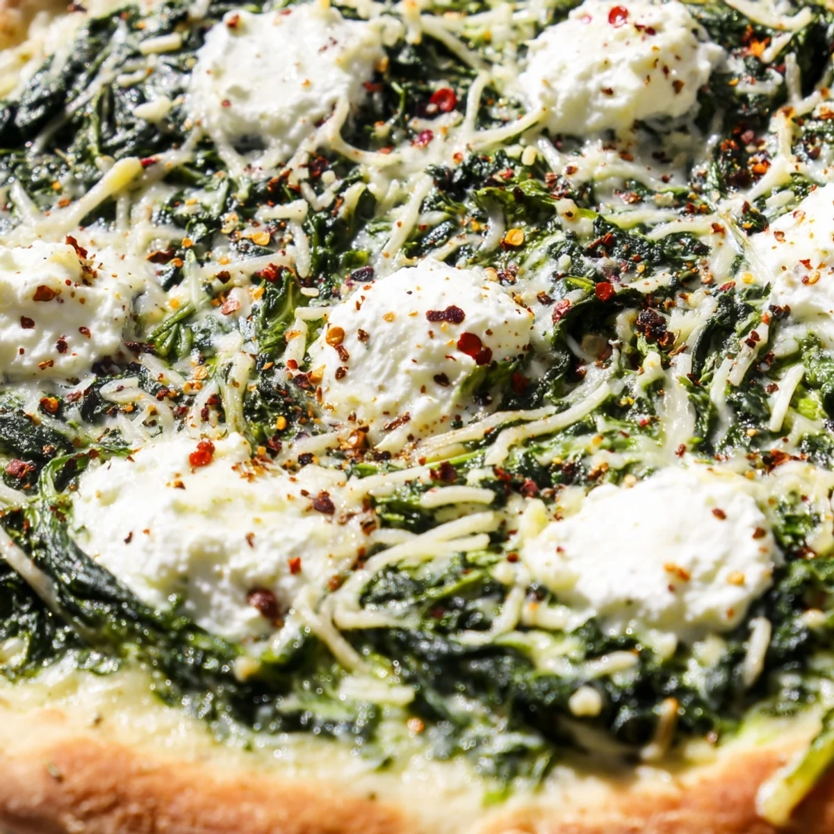 Freshly baked spinach ricotta pizza sliced into wedges, with vibrant green spinach and melted cheese on a rustic table.  