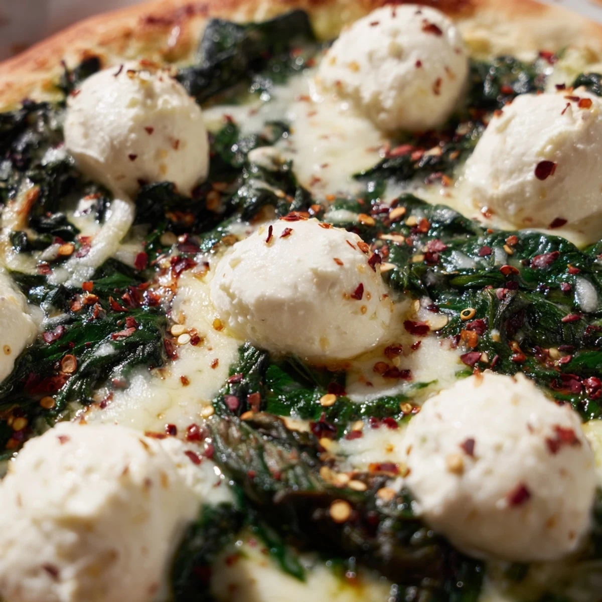 A close-up of golden spinach ricotta pizza with bubbling cheese, fresh herbs, and garlic butter on a wooden board.  