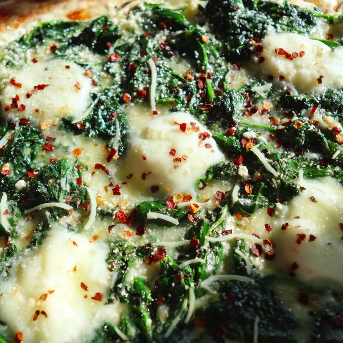 Homemade spinach ricotta pizza on a baking sheet, topped with creamy ricotta and sautéed spinach, ready to serve.