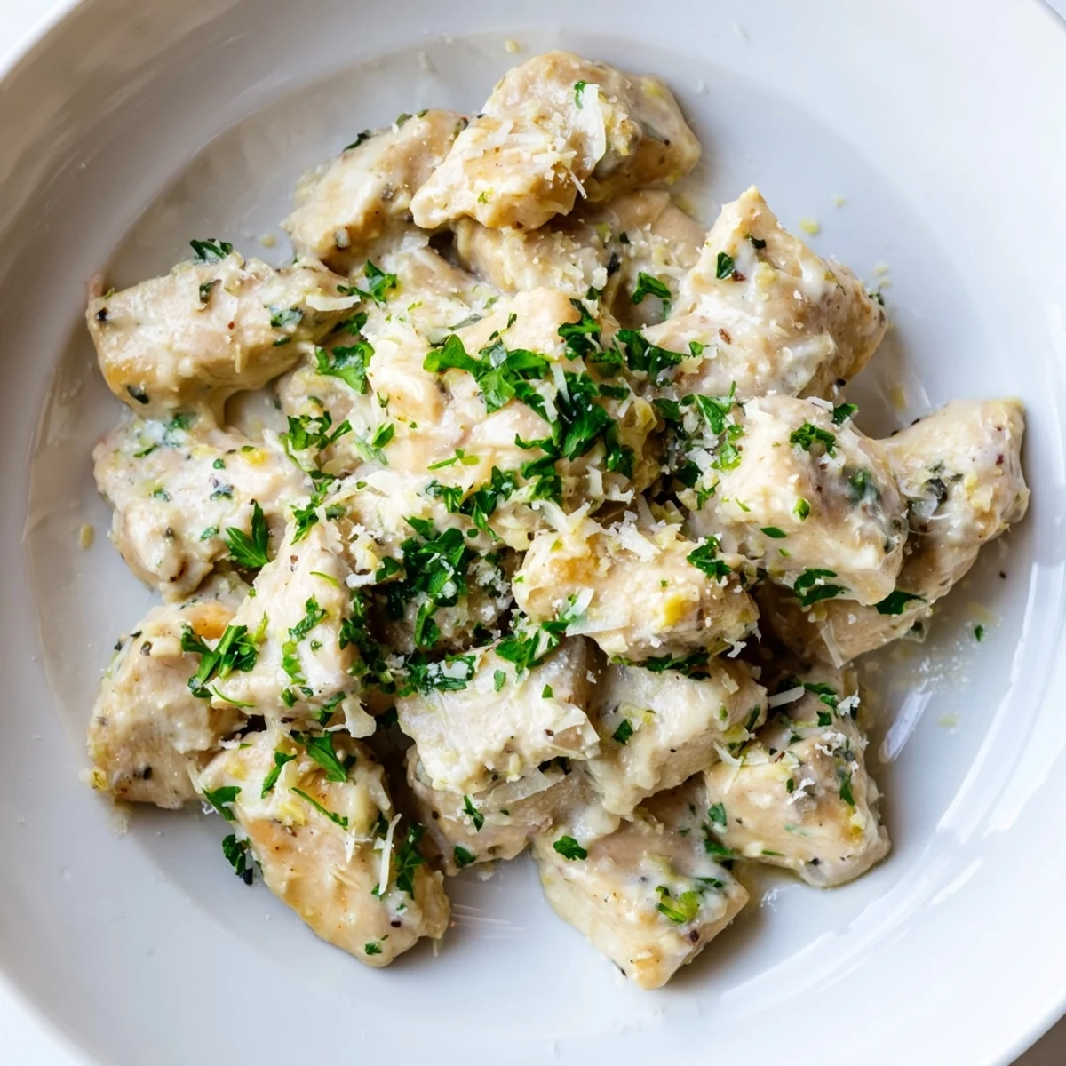 Golden-brown Creamy Garlic Chicken Bites swimming in a luscious, velvety garlic sauce garnished with fresh parsley.