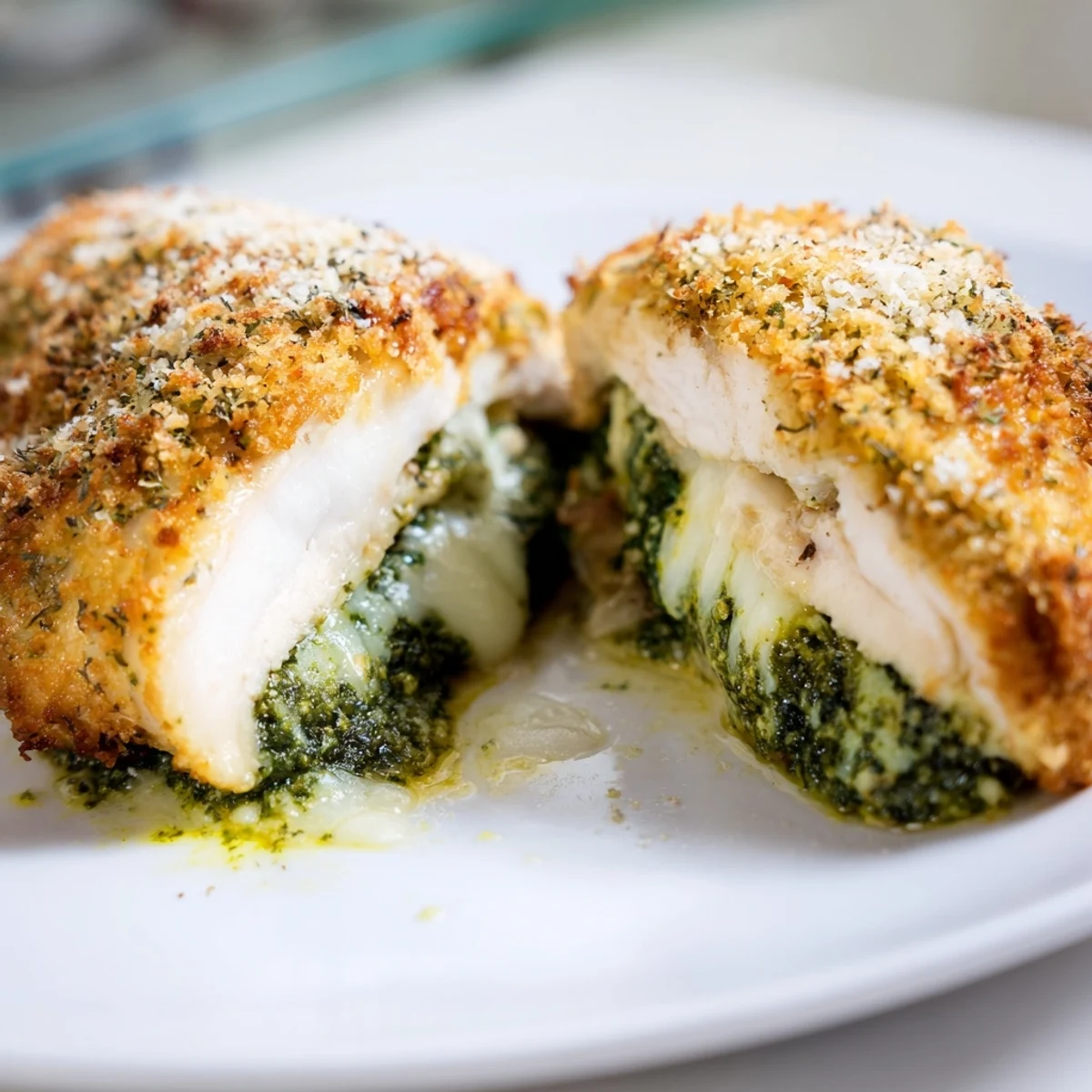 Golden-baked mozzarella and pesto stuffed chicken breasts glisten with melted cheese, served alongside fresh cherry tomatoes and a sprinkle of parsley.  