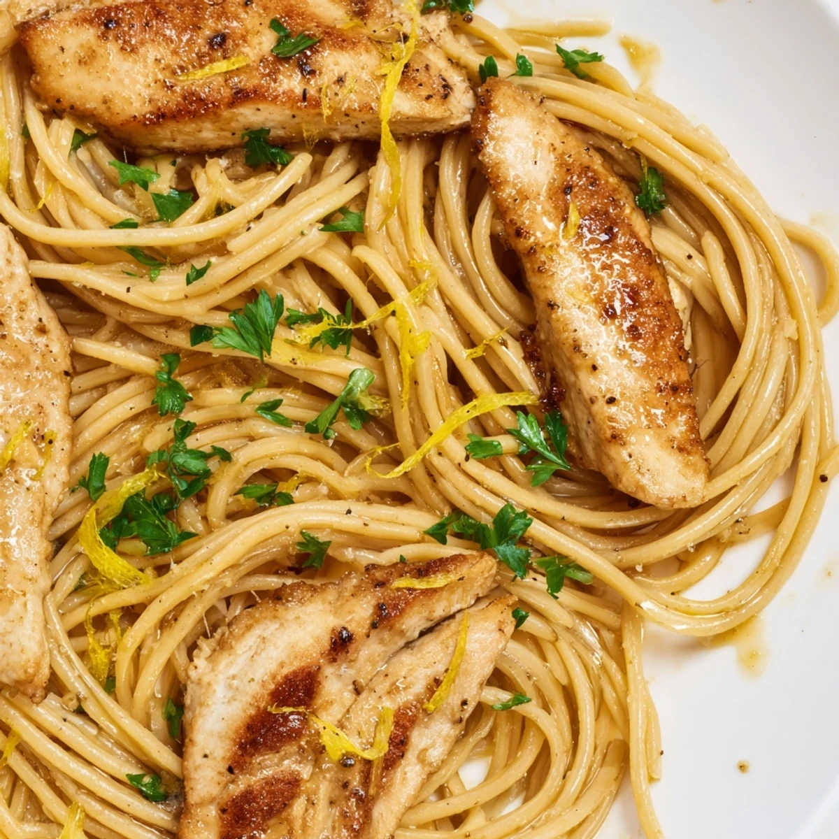 Tender seared chicken strips and spaghetti tossed in nutty brown butter with fresh lemon juice and parsley.